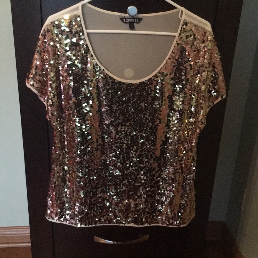 Sequin short sleeve top, back is see-through.
